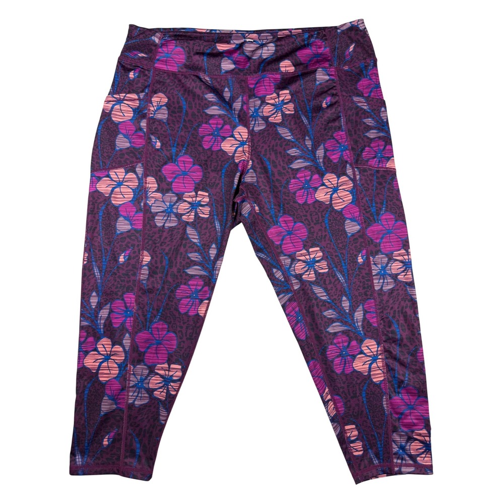 Pro Player Womens 3X Purple Floral Leopard Print Capri Leggings with Pockets